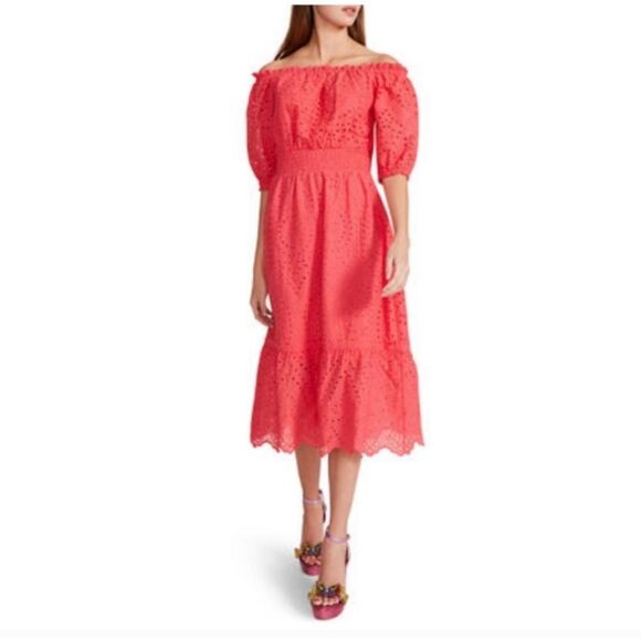 Betsy Johnson Paradise Pink On/Off Shoulder Cotton Eyelet Midi, M - Picture 2 of 15
